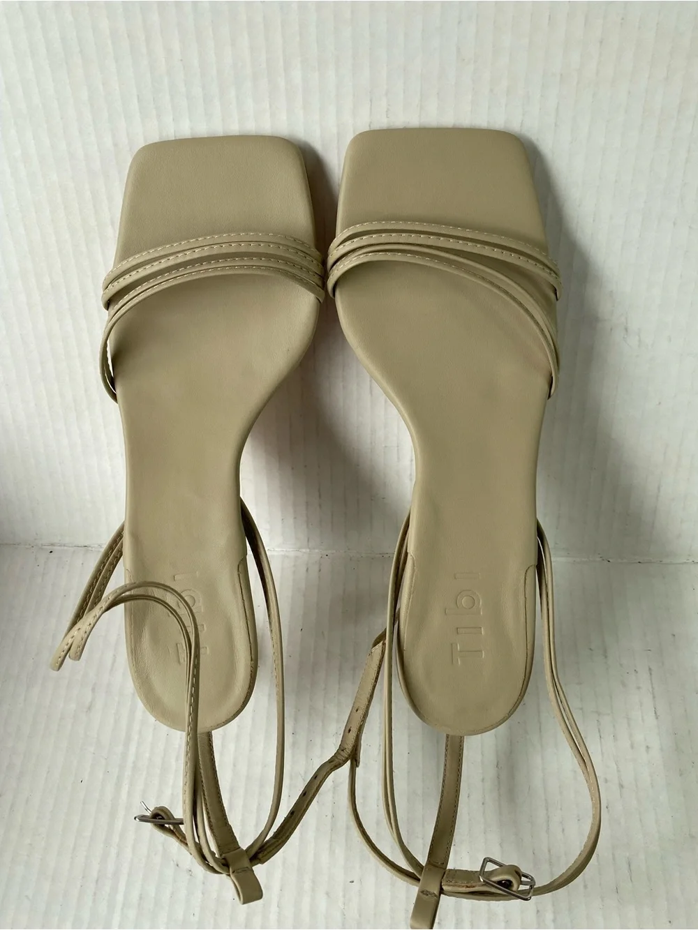 NWOT • TIBI Harper Leather Square Toe Strappy Kitten Heel Sandal Taupe 6.5